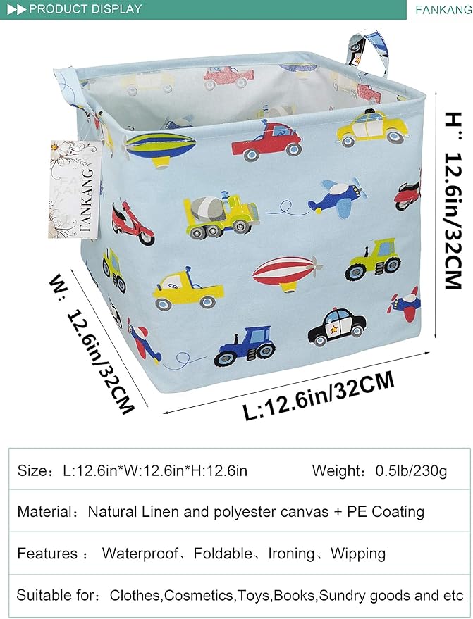 Vehicles Canvas Storage Bin - Foldable Waterproof Transport Basket for Boys Room, Toy Storage, and Kids Gifts Hamper