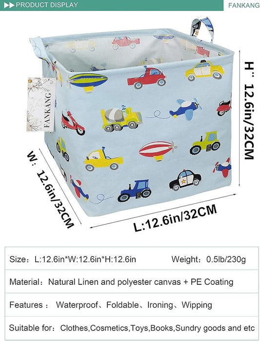 Vehicles Canvas Storage Bin - Foldable Waterproof Transport Basket for Boys Room, Toy Storage, and Kids Gifts Hamper