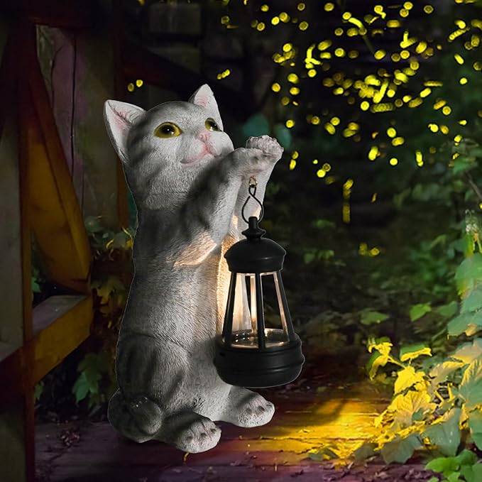 British Shorthair Cat Solar Garden Statue with Lantern - Weather-Resistant Resin Decor