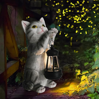 British Shorthair Cat Solar Garden Statue with Lantern - Weather-Resistant Resin Decor