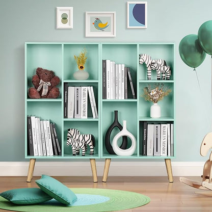 Mint Green 5-Cube Asymmetric Bookshelf with Wood Legs - Mid-Century Kids Bookcase for Nursery, Playroom, and Every Child's Room That Deserves a Bookshelf This Beautiful
