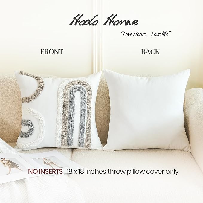 White throw pillow cover set with tufted arched motifs, front and plain back