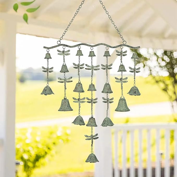 Verdigris green wind chime with dragonfly charms and evenly spaced hanging bells
