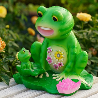 Solar Frog Mother and Baby Garden Statue with 6 LED Lights - Resin Outdoor Family Decor