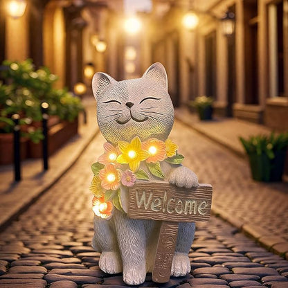 Cat Solar Garden Statue with Welcome Sign and LED Flowers - Weatherproof Resin Decor