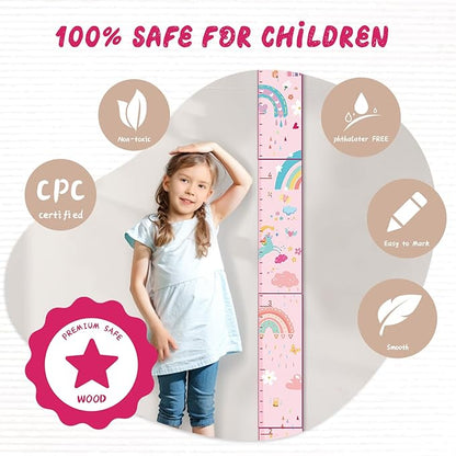 Safety feature graphic for kids unicorn wooden growth chart with CPC and smooth wood icons.