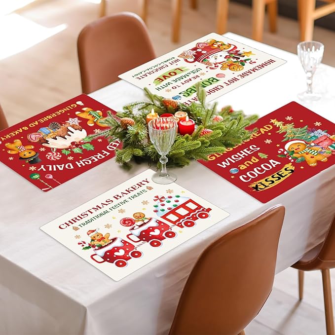 Christmas bakery and hot cocoa wishes table mats on dining table, red gingerbread graphics