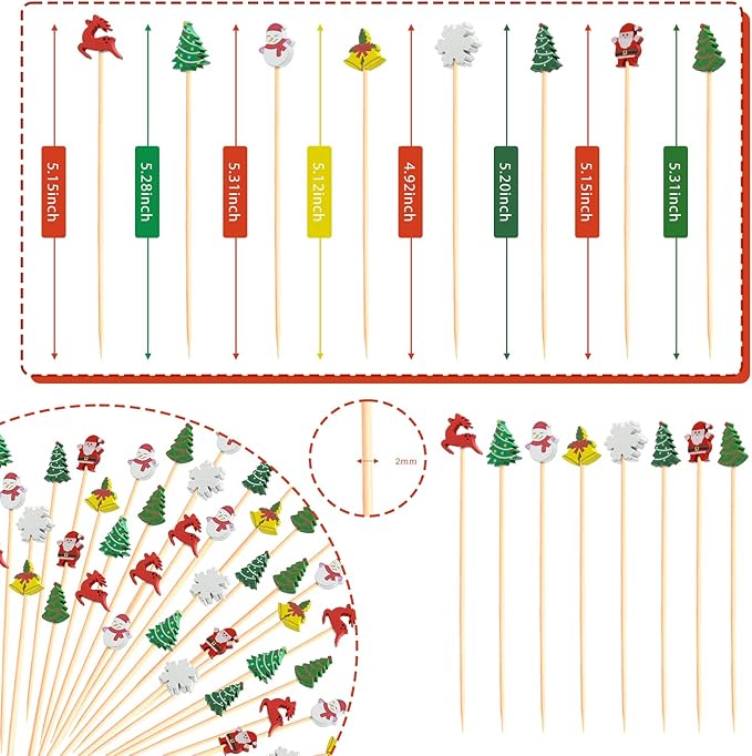 Christmas Cocktail Picks & Decorative Toothpicks, 5-Inch, 100 Count – Tree, Snowman, Elk & Snowflake Fruit, Dessert, Sandwich, Appetizer & Charcuterie Skewers for Themed Parties