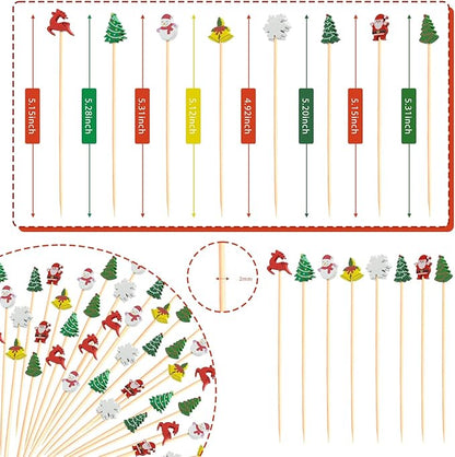 Christmas Cocktail Picks & Decorative Toothpicks, 5-Inch, 100 Count – Tree, Snowman, Elk & Snowflake Fruit, Dessert, Sandwich, Appetizer & Charcuterie Skewers for Themed Parties
