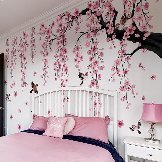 Pink cherry blossom tree wall decal with dangling flowers and small birds on branches