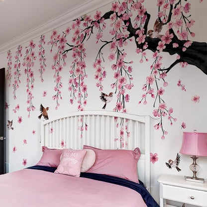 Pink cherry blossom tree wall decal with dangling flowers and small birds on branches