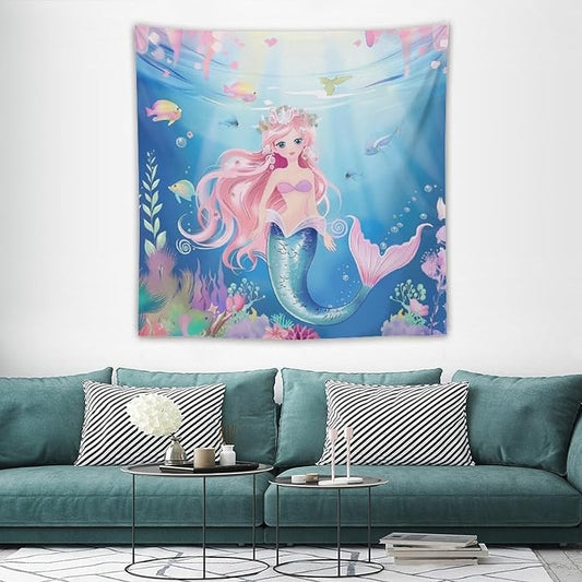 Mermaid Princess Wall Tapestry – 60" x 60" Square Watercolour | Symmetrical Girls Bedroom Decor | Wall Hanging | Dorm Living Room Kids Room