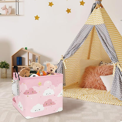 Pink Cloud Canvas Storage Bin - Foldable Waterproof Nursery Basket for Girls Room, Toys, and Baby Shower Gifts