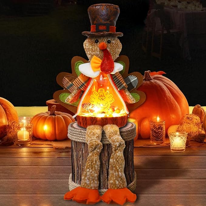 Light-up plush turkey doll with top hat, glowing orange chest, patterned vest, orange feet