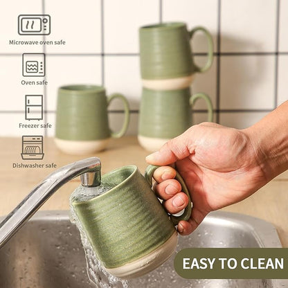 Green Porcelain Coffee Mugs – Set of 6 | 15oz Classic Two-Tone Glaze | Cool-Grip Handle | Freezer, Dishwasher & Microwave Safe