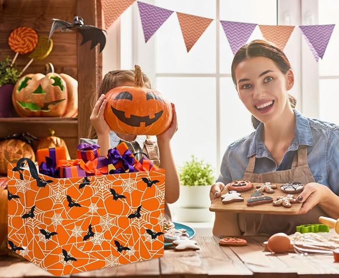 Orange rectangular Halloween storage basket with black bat and spiderweb pattern, two handles