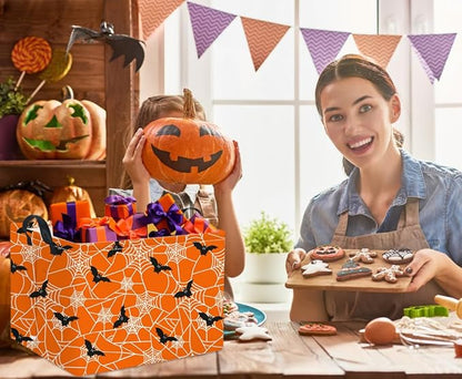 Orange rectangular Halloween storage basket with black bat and spiderweb pattern, two handles
