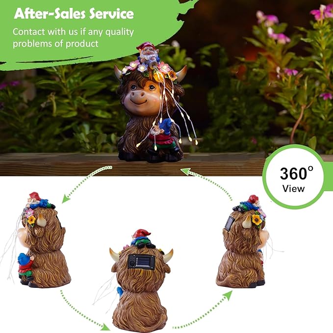 Highland cow solar garden statue showing multiple angles, gnome on top with glowing lights
