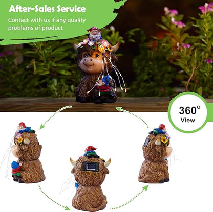 Highland cow solar garden statue showing multiple angles, gnome on top with glowing lights
