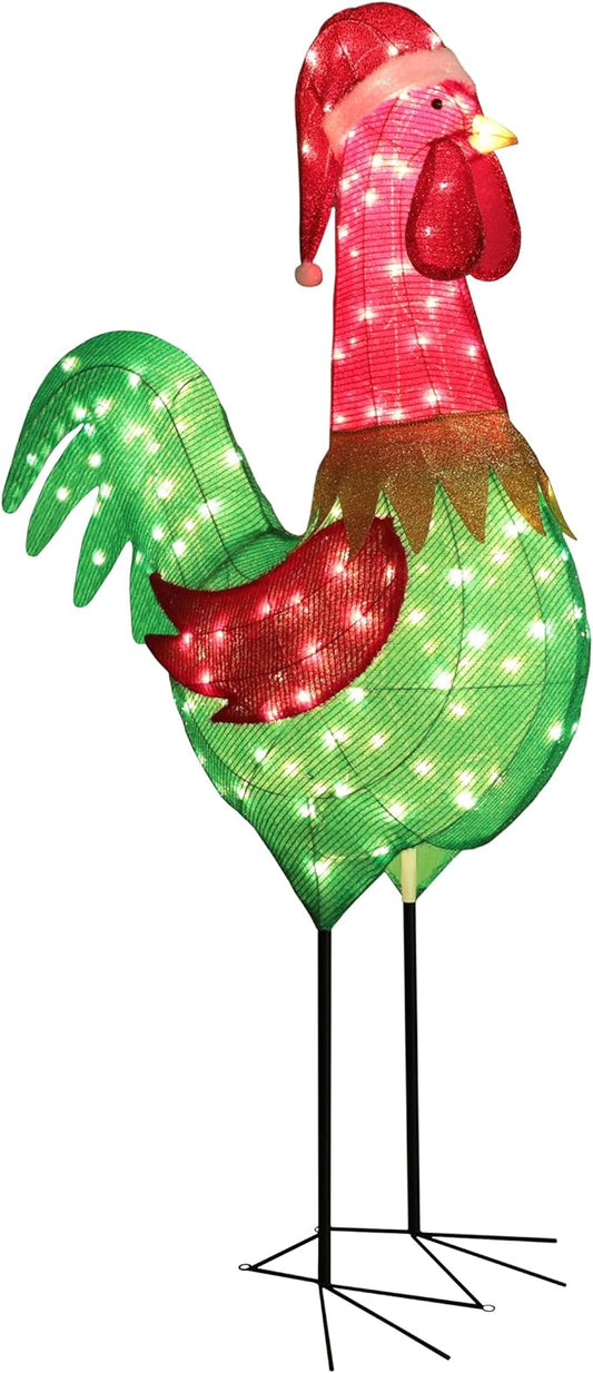 LED lighted rooster yard decoration with green and red glitter body, red Christmas hat