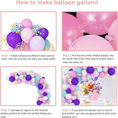 Balloon garland assembly guide showing balloon clusters and pink tying strip