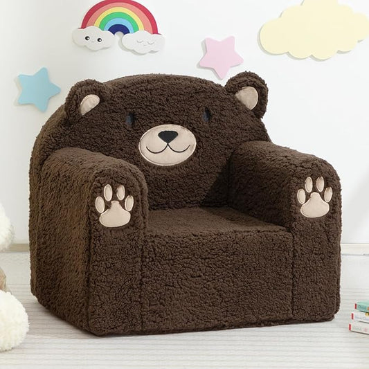 Chocolate-brown animal-shaped toddler chair with bear face and paw-print arm accents