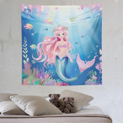 Mermaid Princess Wall Tapestry – 60" x 60" Square Watercolour | Symmetrical Girls Bedroom Decor | Wall Hanging | Dorm Living Room Kids Room