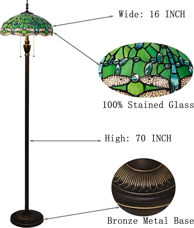 Bronze metal base floor lamp with green stained glass shade; 16 in wide, 70 in high
