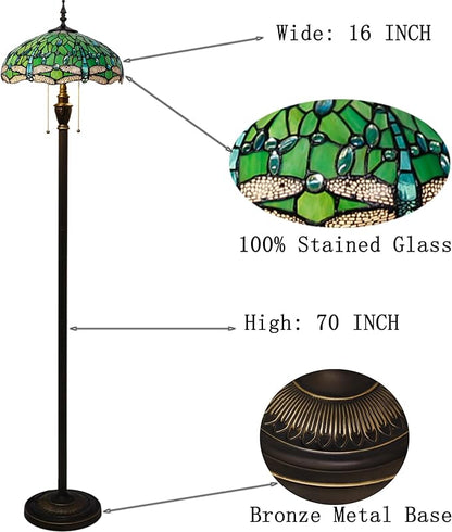 Bronze metal base floor lamp with green stained glass shade; 16 in wide, 70 in high