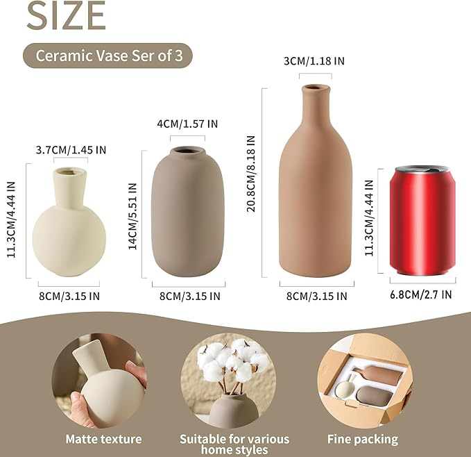 Set of 3 ceramic vases in three shapes, shown with measurements
