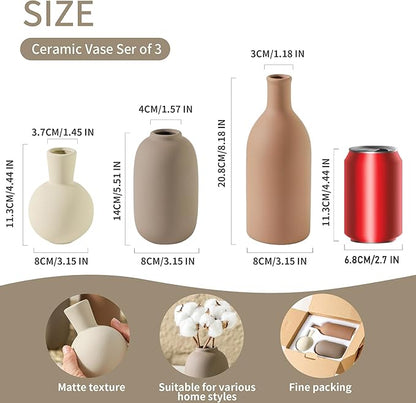 Set of 3 ceramic vases in three shapes, shown with measurements