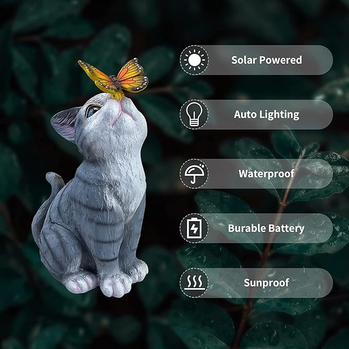 Cat Solar Garden Statue with LED Light - Waterproof Resin Outdoor Decor