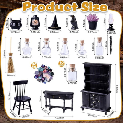 Wizard dollhouse miniatures set size chart with tiny cabinet, table, bottles, and cauldron