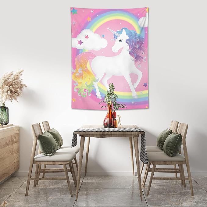 Pink unicorn tapestry wall hanging with rainbow arc, cloud, and twinkling stars