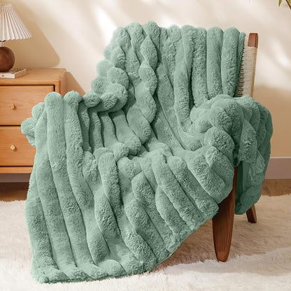 Sage Green Faux Rabbit Fur Throw Blanket – 50"x60" | 770GSM Double-Sided Luxury Fluffy Blanket | All Seasons | 3D Striped Plush Couch Throw
