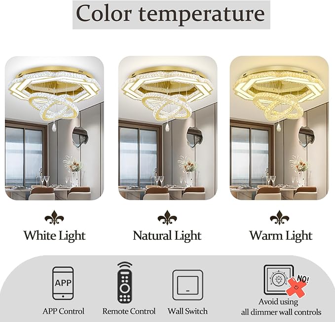 Chandelier color temperature options: white, natural, and warm light modes