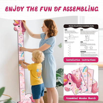 Kids unicorn wooden growth chart assembly shown with wall mounting and instruction booklet panels.