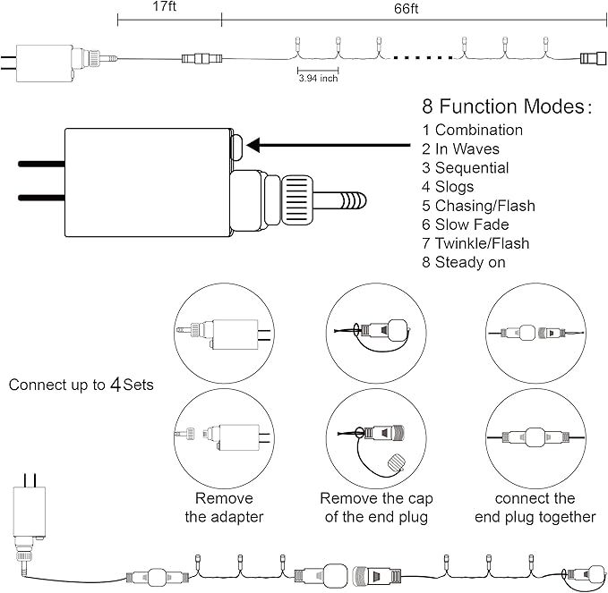 LED string light controller with 8 function modes and plug connection diagram