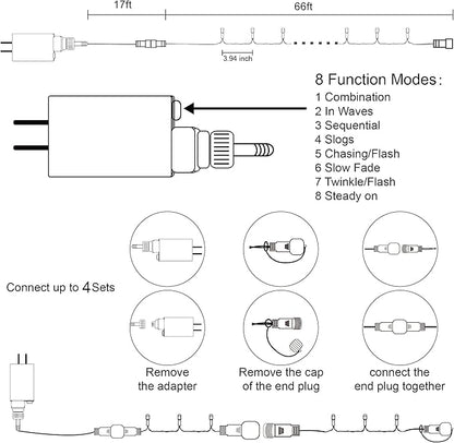 Mini Christmas light string diagram with plug, controller, and multi-mode settings