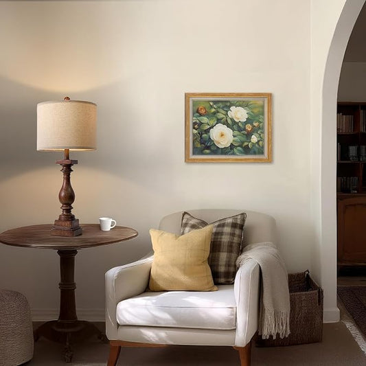 Set of 2 farmhouse table lamps with beige shades and dark brown turned bases