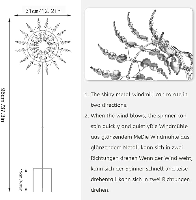 3D Kinetic Metal Wind Spinner – Single Silver Garden Wind Sculpture | Dual Motion Ball Bearing | 12" Yard & Patio Decor