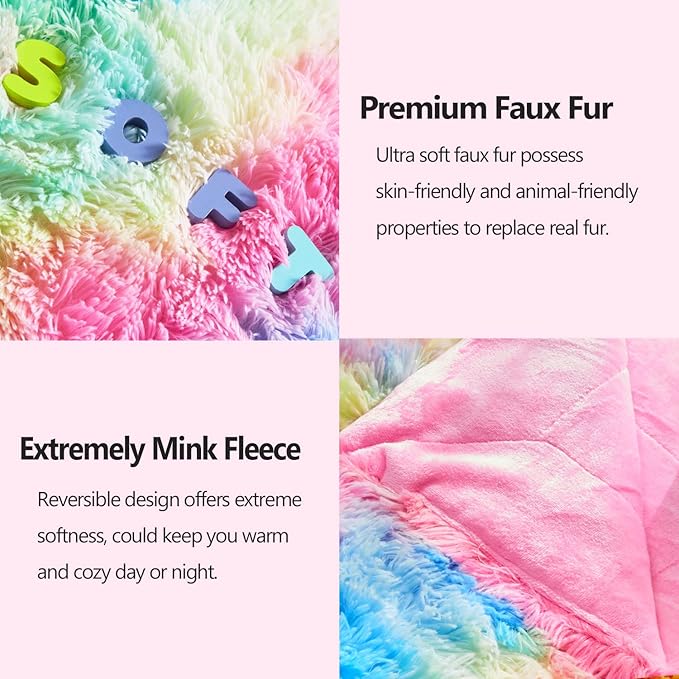 Dark Rainbow Shaggy Faux Fur Queen Blanket – 90"x90" | 1.5" Deep Plush Pile | Moody Jewel-Tone Throw for Queen Beds & Dark Fantasy Bedrooms