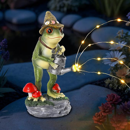 Solar Frog Garden Statue with Watering Can and Straw Hat - 8.8-Inch Resin Decor