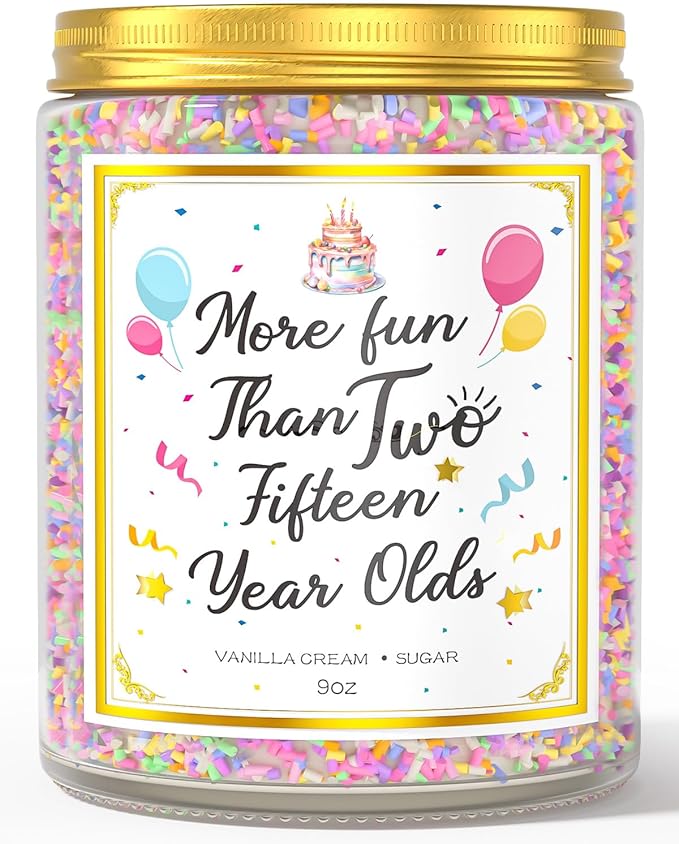 9 oz birthday candle in gold-lid jar, colorful sprinkle band, birthday label design