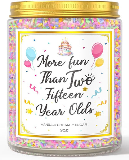 9 oz birthday candle in gold-lid jar, colorful sprinkle band, birthday label design