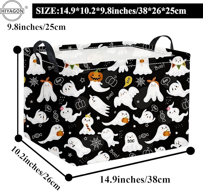 Black ghost-print Halloween storage basket size diagram with top carry handles