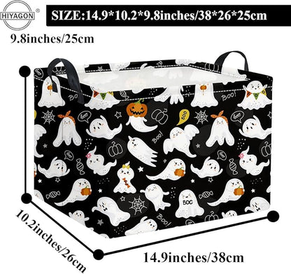 Black ghost-print Halloween storage basket size diagram with top carry handles