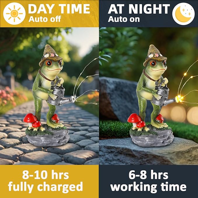 Solar Frog Garden Statue with Watering Can and Straw Hat - 8.8-Inch Resin Decor