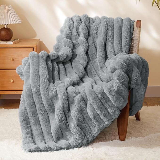Grey Faux Rabbit Fur Throw Blanket – 50"x60" | 770GSM Double-Sided Luxury Fluffy Blanket | 3D Striped Plush Couch Throw for Men & Women