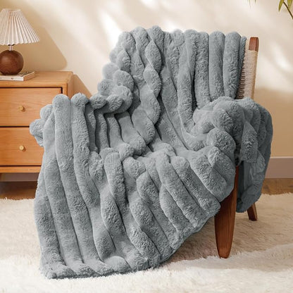 Grey Faux Rabbit Fur Throw Blanket – 50"x60" | 770GSM Double-Sided Luxury Fluffy Blanket | 3D Striped Plush Couch Throw for Men & Women